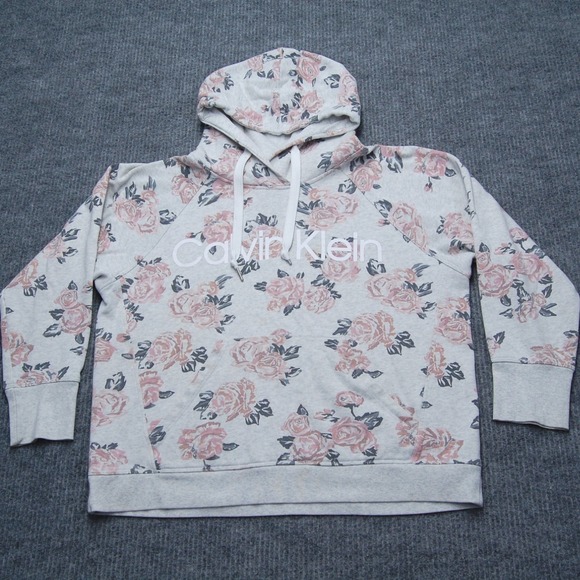 Calvin Klein Tops - Calvin Klein Hoodie Sweatshirt Womens L Gray Floral Fleece Pullover Logo Raglan